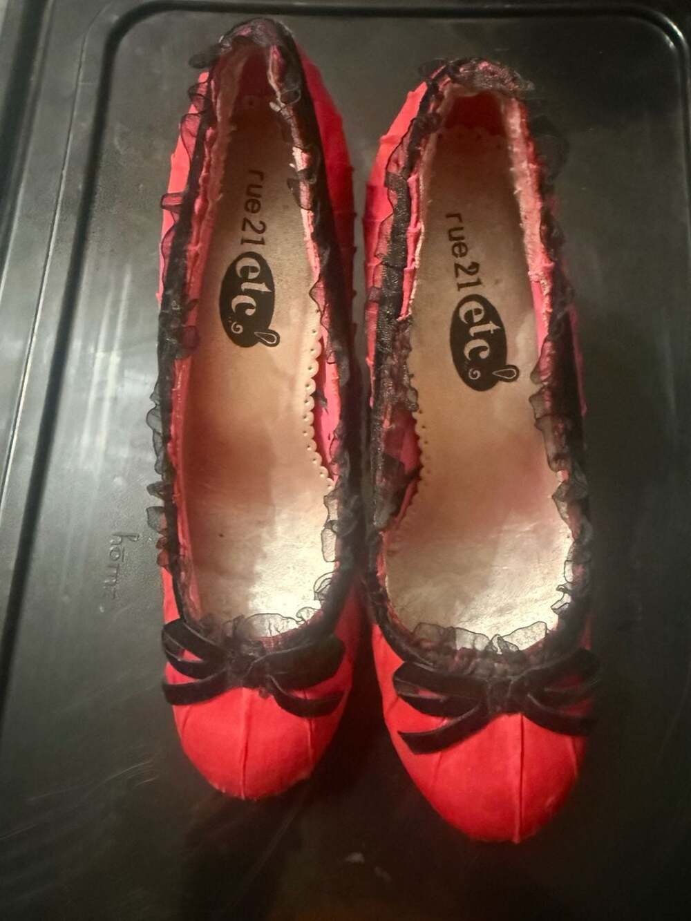 rue21 etc. Hot Pink Satin Heels with Black Lace Trim and Bow